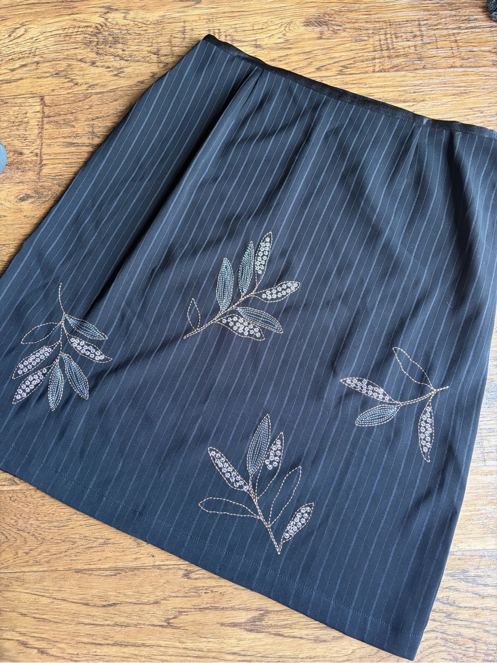 Susan Bristol Black Pinstripe Skirt with Embroidered Leaf Motifs 14